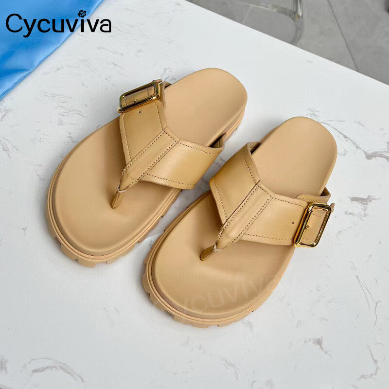 Zapatillas planas de piel auténtica para Mujer, Chanclas de plataforma de marca de verano, zapatos de playa para vacaciones, Sandalias de diseñador