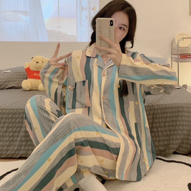Tamanho grande roupas domésticas primavera e outono algodão como cardigan lapela manga longa terno pijamas para mulheres coreano casual