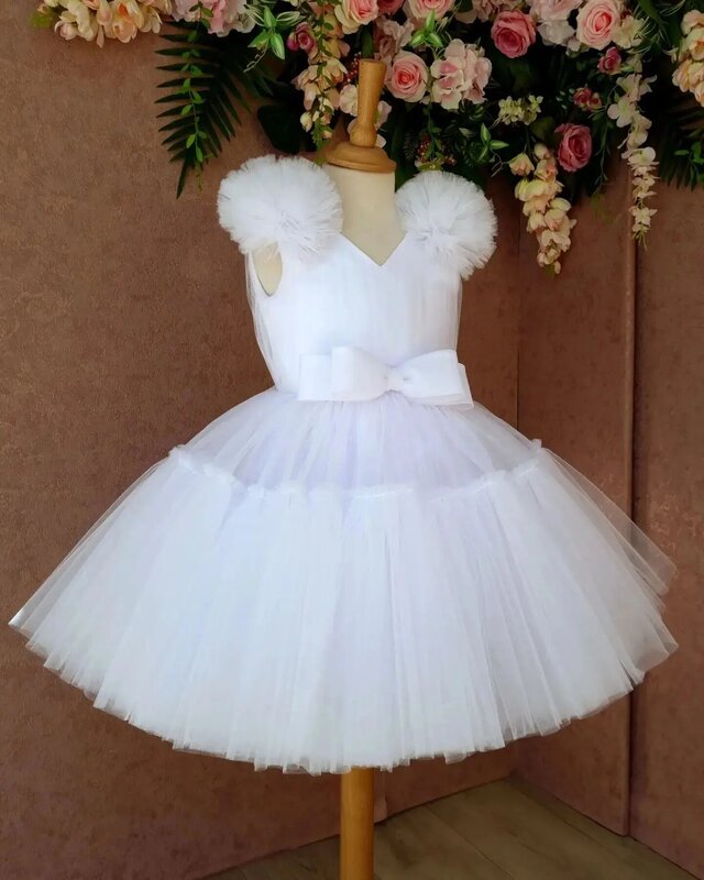 Vestido de flor branca para casamento, tule sem mangas com arco, festa de aniversário, princesa, primeira comunhão, vestido de baile infantil