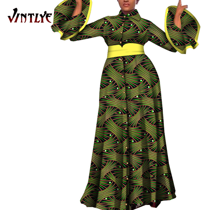 Gaun Afrika untuk Wanita Gaun Panjang Maxi Print Ankara Lengan Flare Gaun Pesta Afrika Dashiki Fashion Gaun Malam WY5483