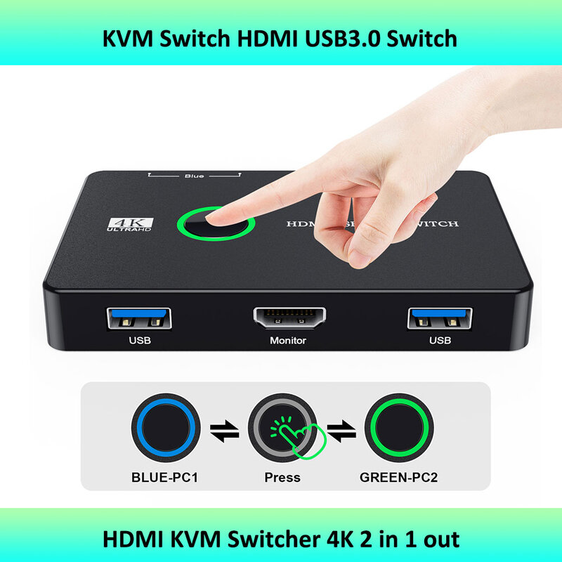 KVM 스위치 HDMI USB3.0 스위치, 컴퓨터 2 대 공유, 마우스 키보드 프린터 1 대 HD 모니터 지지대, 4K @ 60Hz