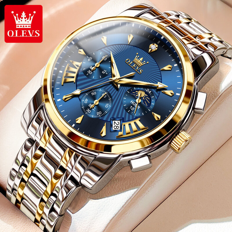 OLEVS oryginalny luksusowy markowy męski zegarek pasek ze stali nierdzewnej zegarek kwarcowy kalendarz Luminous wodoodporny męski zegarek na rękę z fazą księżyca