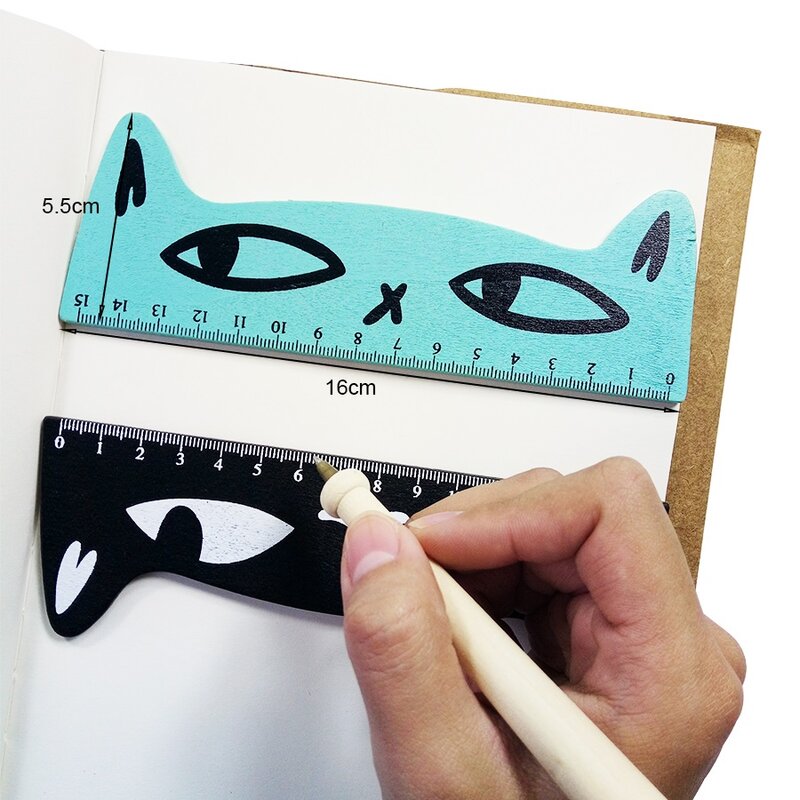 Regla de dibujo de gato para niños, regla recta de madera de 15cm, regalo de papelería, suministros escolares al por mayor, 1 lote