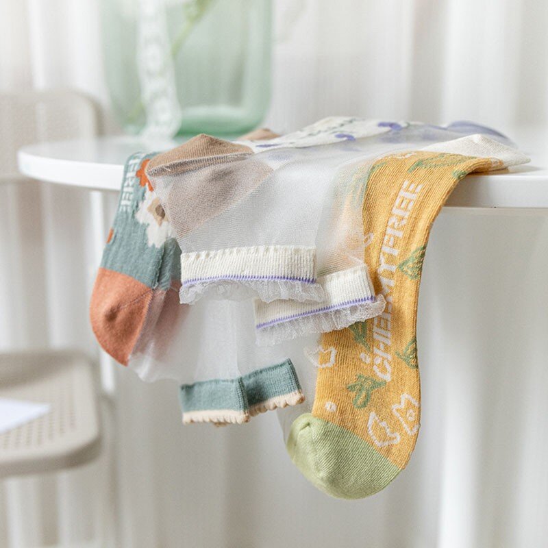 Calcetines transpirables de seda de cristal para mujer, medias con flores bordadas, Fondo de algodón, G113