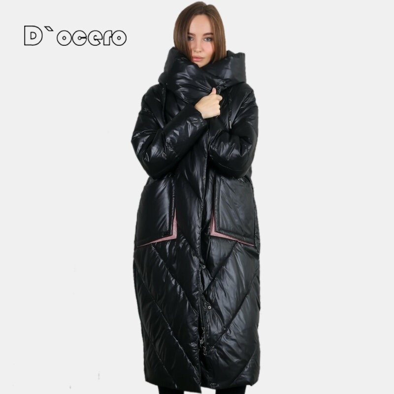 D`OCERO 2022 Fashion Loose Women's Winter Down Jacket Hooded Warm Winter Coat Large Size Parkas Female Big Pockets Long Overcoat