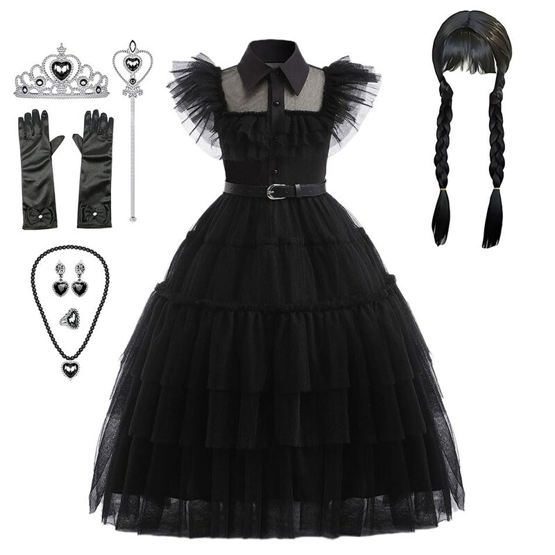 Костюм в стиле фильма «среду» для девочек 3-12 лет, готический стиль, костюм для косплея в среду, костюмы для детей на Хэллоуин, карнавал, Искусственные черные платья