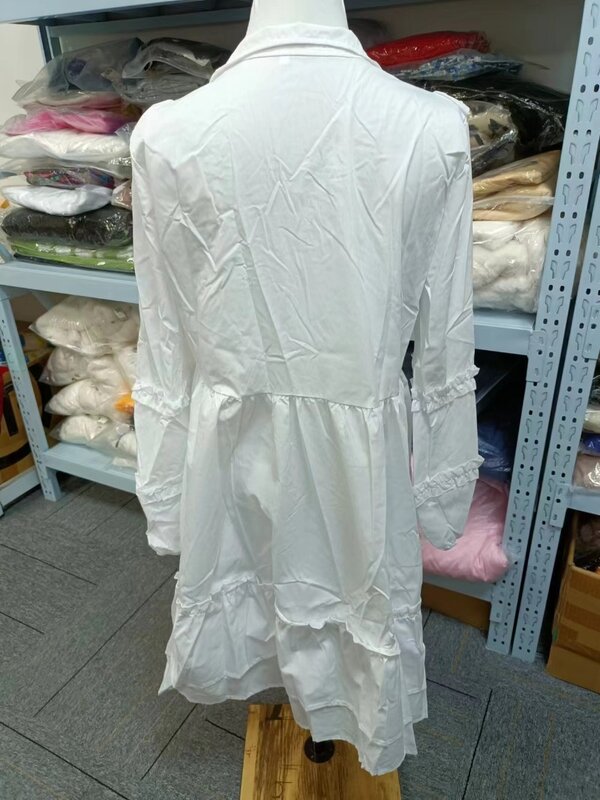 فستان أبيض أنيق موديل 2023 من Vestidos Mulher ذو رقبة عالية وكشكشة ، فستان خريف مثير بأكمام طويلة ، فساتين فضفاضة قصيرة ، فستان بأكمام منتفخة