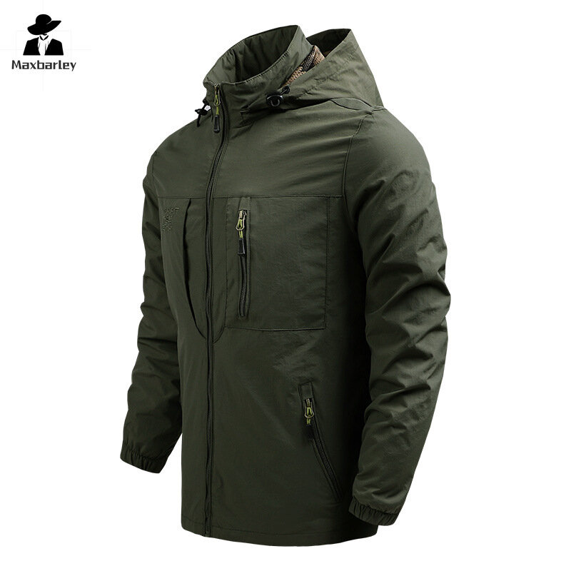 2024 Spring Windbreaker Men's Outdoor Casual Quick-drying Waterproof Work Clothes Clip Hiking Camping Pocket Flying Hooded Coat