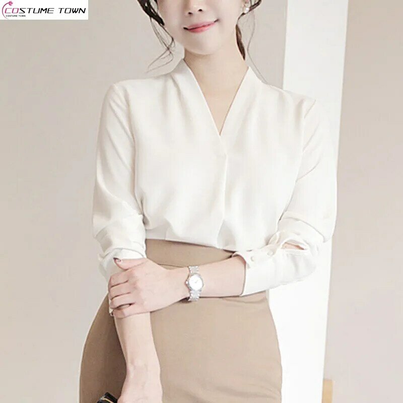 เสื้อคอวีทรงหลวมแขนยาวสีขาวเสื้อเชิ้ตสำหรับฤดูใบไม้ผลิ/ฤดูร้อน atasan sifon ใหม่ฤดูร้อนสไตล์เกาหลี