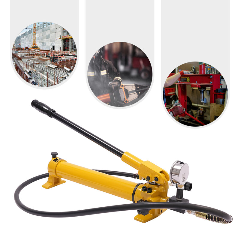 Pompe hydraulique manuelle jaune avec manomètre et tuyau, peut être utilisée avec des outils hydrauliques à 700bar