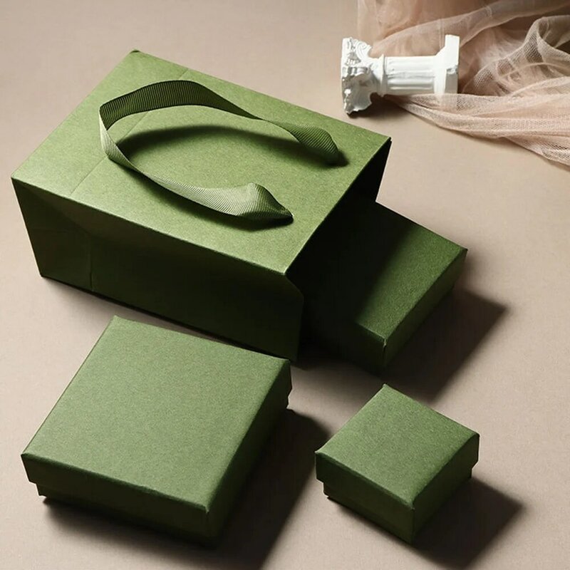กล่องใส่เครื่องประดับต่างหูห่วงกระดาษสี่เหลี่ยมสีเขียวแนววินเทจกล่องใส่เครื่องประดับสร้อยคอ