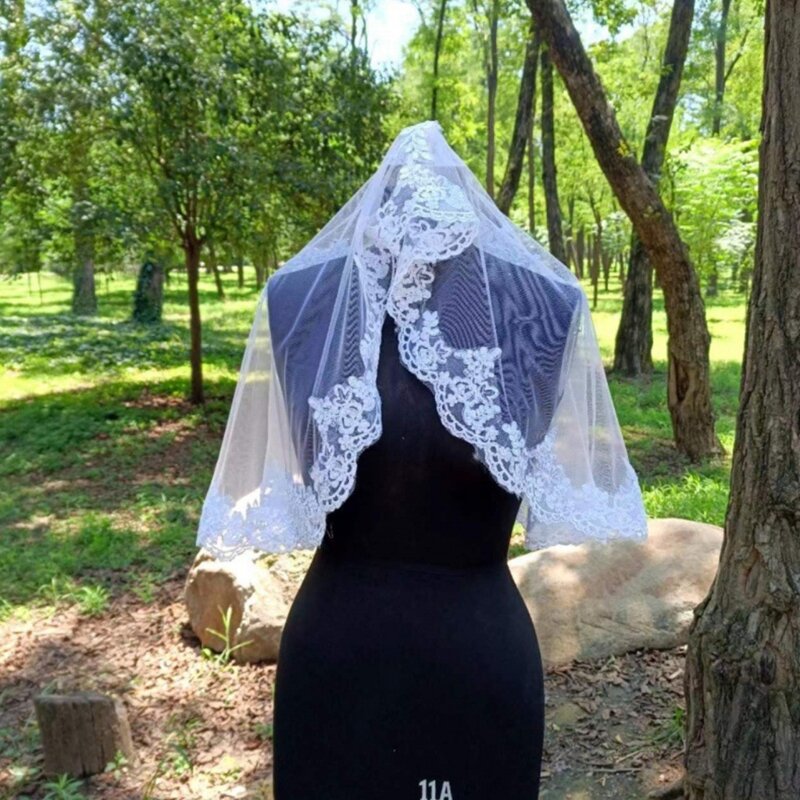 สีขาวผ้าคลุมหน้างานแต่งงานชั้นเดียวผ้าคลุมหน้าลูกไม้สำหรับเจ้าสาว Headscarf Dropship