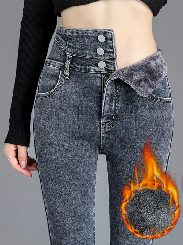 Winter Skinny Pencil Slim Thicken Plush Jeans High Waist Snow Wear Warm Denim Pants Casual Vintage Women Streetwear Vaqueros