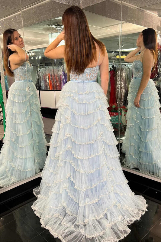 Gaun Prom bermanik Tulle renda elegan 2024 gaun pesta Formal selantai berlubang panjang punggung terbuka berkerut bertingkat