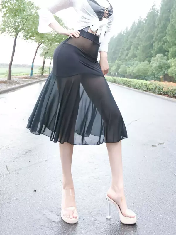 High Waisted long Skirts Mesh Transparent Night Clut Outfits Women's Elegant A-line Dresses Sexy Wrap Hip Skirts See Through
