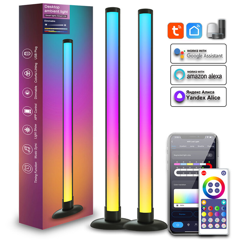 Barras de luz LED RGB inteligente, USB Plug, Tuya, Wi-Fi, música Sync, retroiluminação TV, controle remoto, lâmpadas de assoalho, funciona com Alexa, Google Home, 40cm