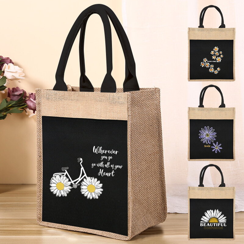 Women's Shopping Bags Reusable Linen Tote Bag Women's One-shoulder Tote Bag Daisy Pattern Print for Grocery Shopping Tote