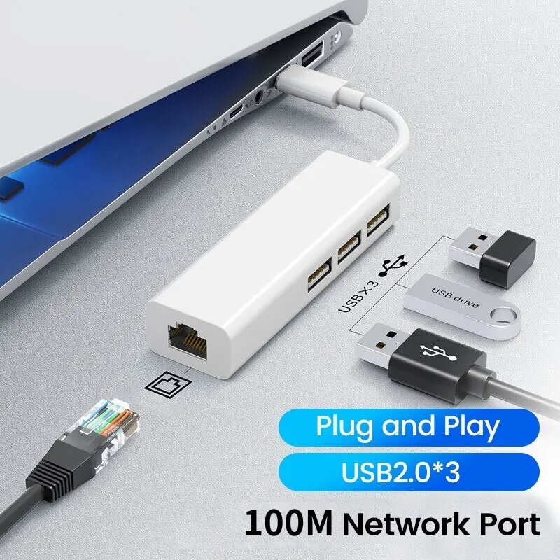 USB Adapter Ethernet USB 2.0 3 Ports 3USB 2.0 Type C HUB for MacBook Xiaomi Samsung Windows Huawei PC Computer Adapter