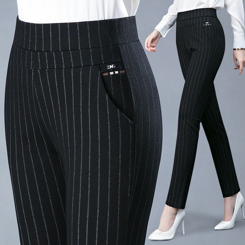 Pantalones pitillo para mujer de mediana edad, pantalón de cintura alta, ajustado, elástico, informal, elegante, a la moda, color negro y gris, primavera y otoño