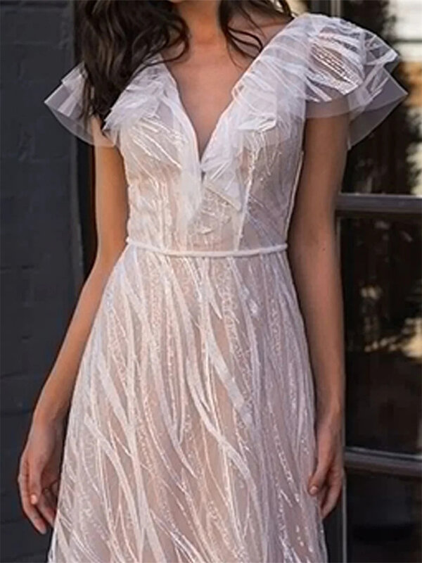 클래식 얇은 명주 그물 A 라인 무도회 원피스, 반짝이는 반팔 이브닝 드레스, 매력적인 바닥 길이 가운, 2024