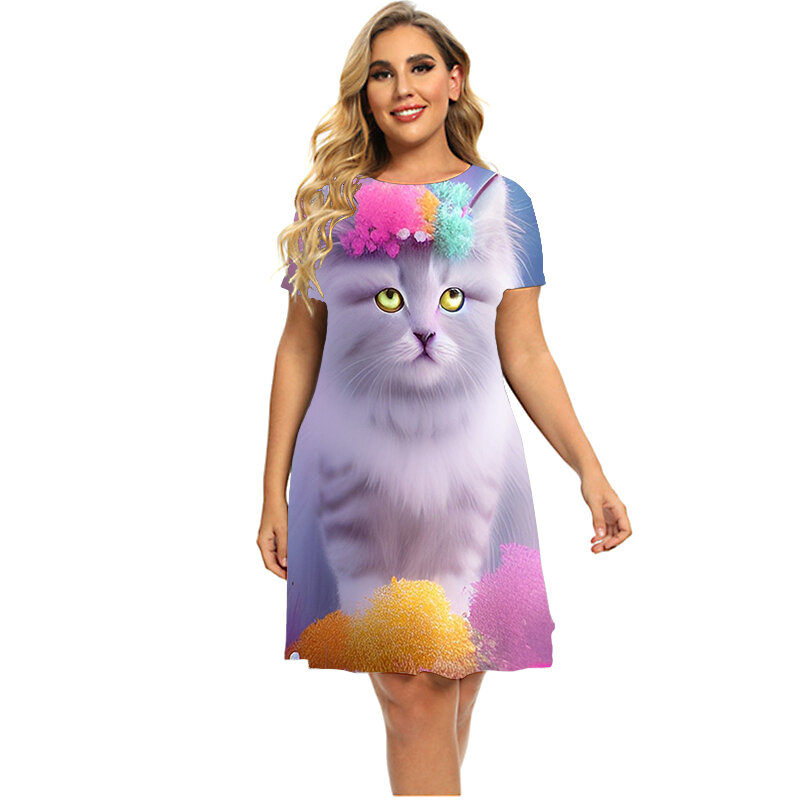 Gaun Wanita Gambar Cetak 3D Kucing Lucu Gaun A-Line Lengan Pendek Pesta Kasual Manis Gaun Longgar Ukuran Plus Musim Panas Pakaian Mode 6XL