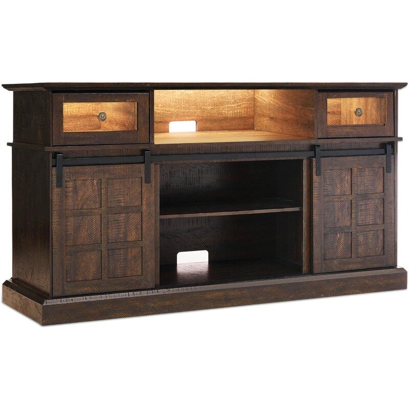 Farmhouse TV Stand for 65 inch TV, Entertainment Center TV Cabinet Stands with LED Lights, Sliding Barn Door TV Center