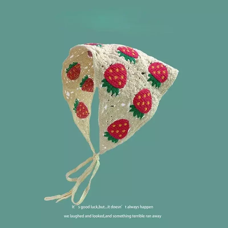 Korean Small Mushroom Strawberry Handmade Crochet Hollow Triangle Headband Towel Sweet Cute Strap Hair Bag Headscarf Hat