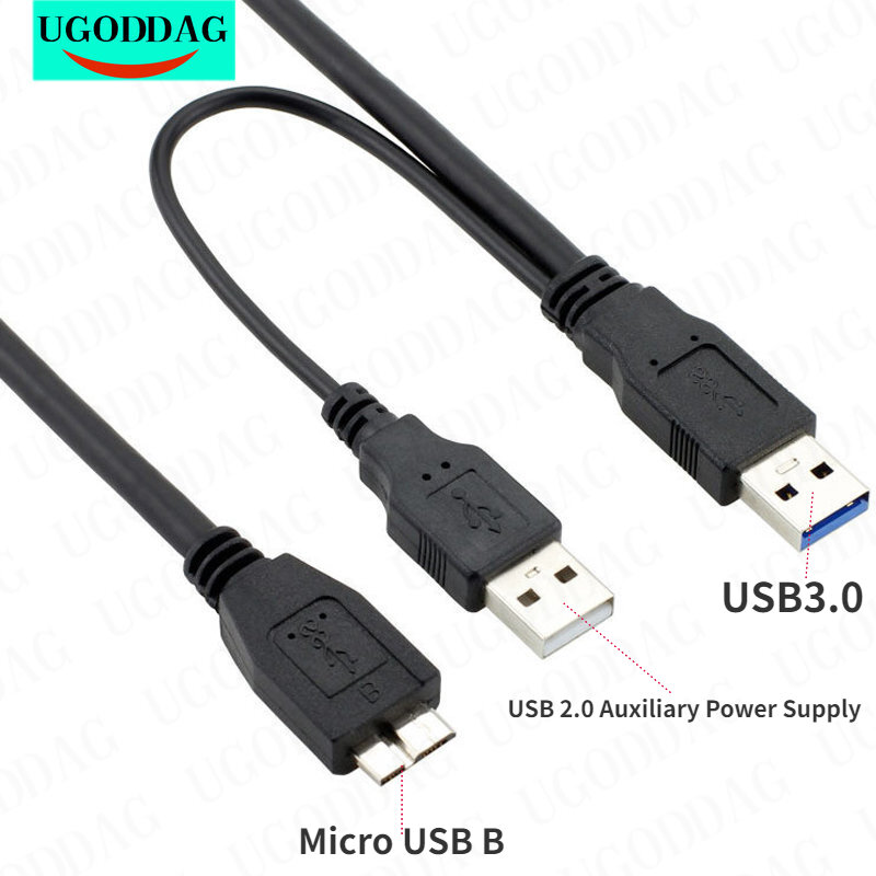 Kabel USB 3.0 Male ke Micro USB 3 Y, dengan ekstra daya USB USB3.0 Male ke mikro USB3.0 B Male kabel adaptor untuk HDD Hard Drive