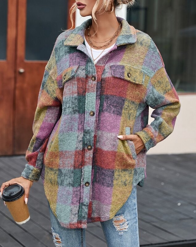 Cappotto con tasche scozzese spazzolato per le donne 2023 nuovo autunno inverno Casual risvolto monopetto cappotto dimagrante temperamento multicolore