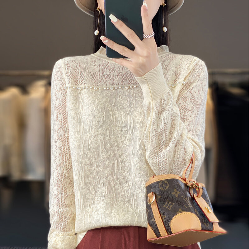 Autumn New Woolen Sweater Women's Round Neck Long Sleeve Solid Color Hollow Jacquard Explosive Pearl Lace Knit Bottoming Shirt