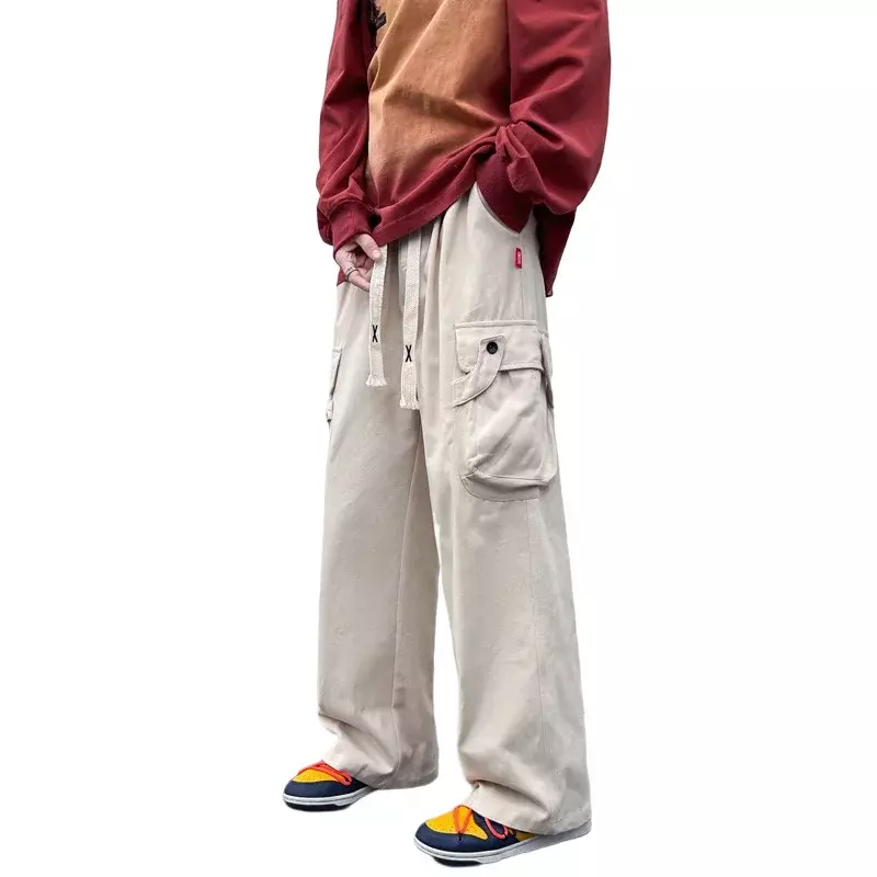 Мужские брюки-карго American штаны оверсайз из чистого хлопка, функциональные, с оборками, красивые прямые брюки с карманами в стиле хип-хоп