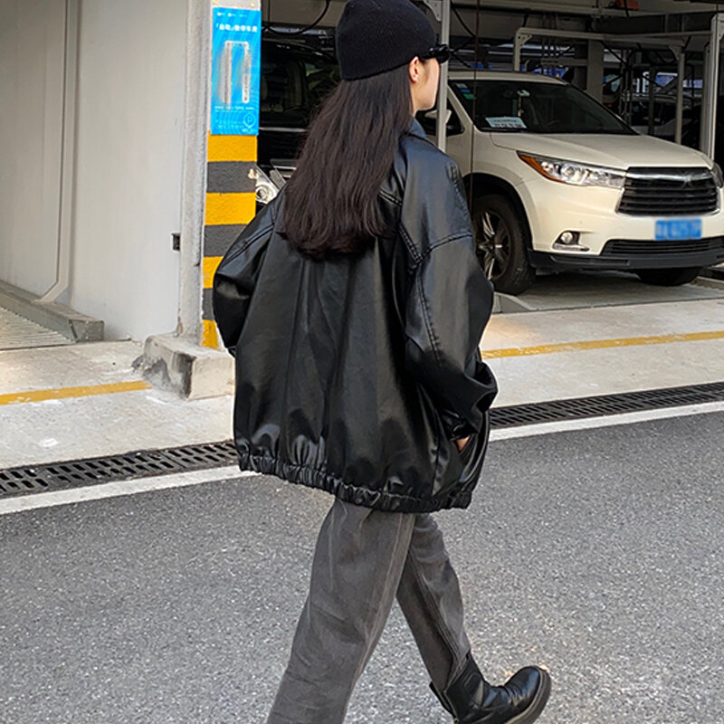 Korean Black Leather Jacket Women Winter Long Women's Moto Biker Zipper Jacket Streetwear Harajuku Y2K Loose Women's Coat 2024
