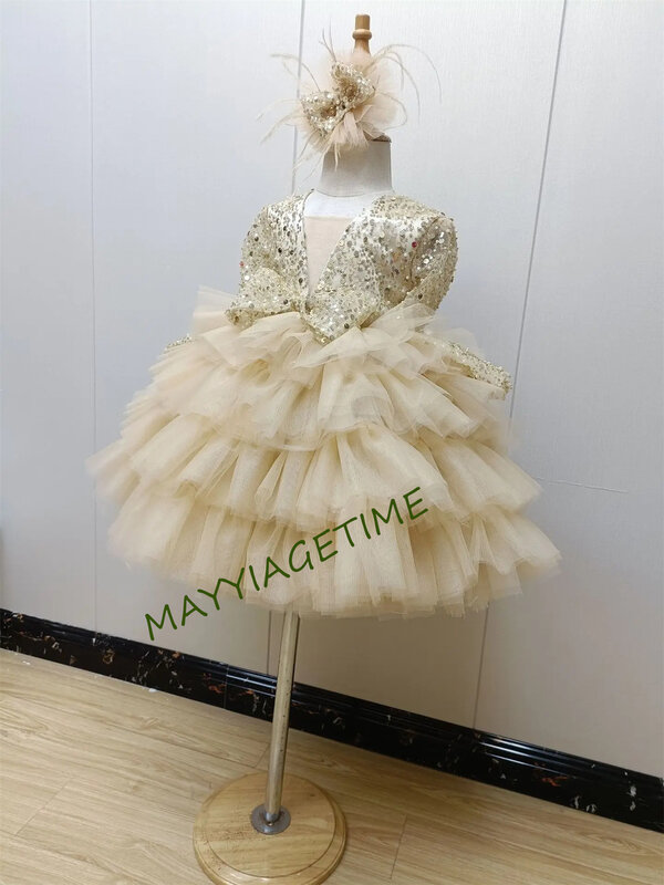 Vestido de princesa Puffy Beading, Flower Girl Dresses, Baby First Communion Bow, Presente de Natal