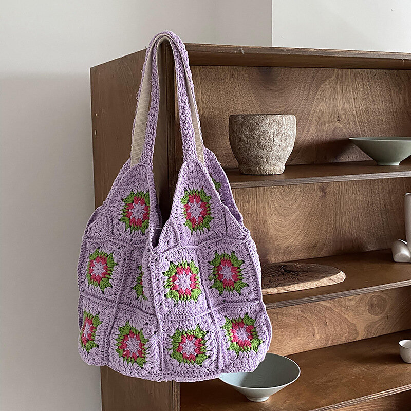 New Ethnic Hand Knitted Bag Bohemian Female Women's Shoulder Crossbody Bag Casual Totes Handmade Hollow Out Crochet Bag