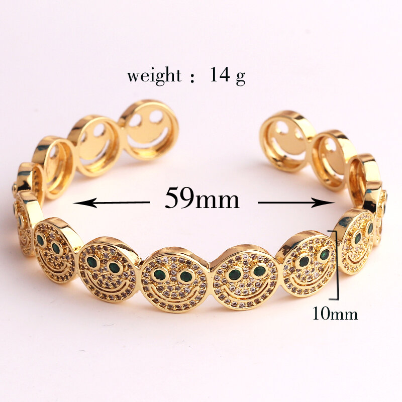 2023 New Simple Smile Smiley Bracelet Copper Gold Plated Cubic Zirconia Round Smile Cuff Bracelet Women's Classic Party Gift