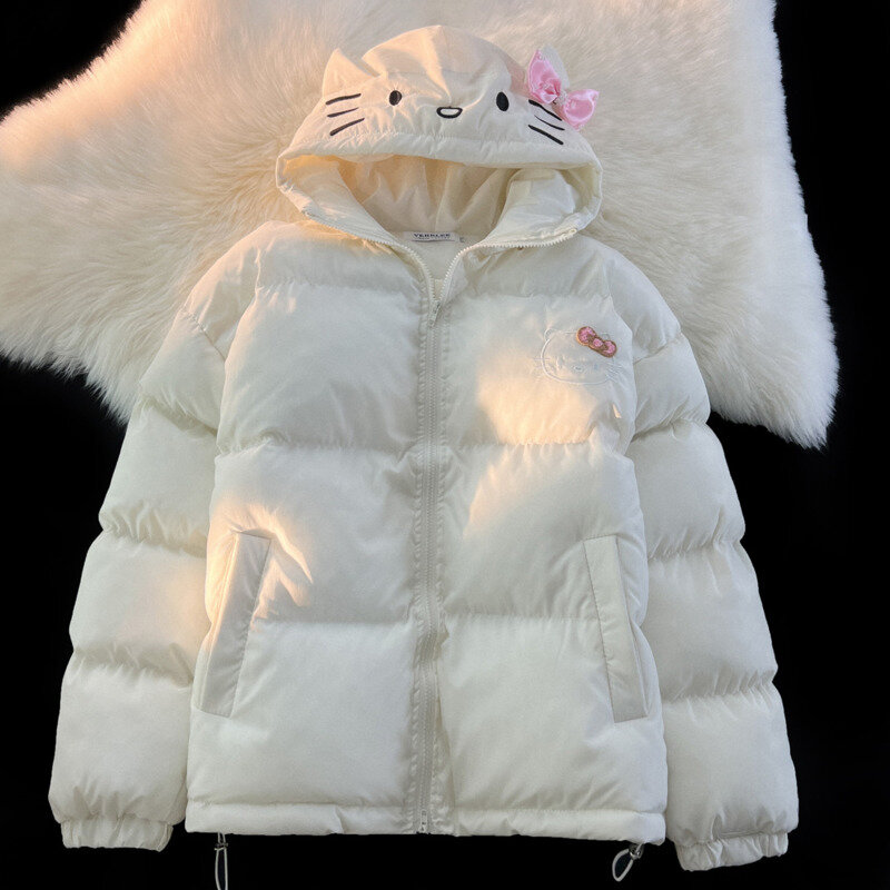 Kurtka puchowa Sanrio Hello Kitty z nadruk kreskówkowy płaszczem Kawaii trwała bawełna kurtka dla studentów luźny płaszcz dla kobiet