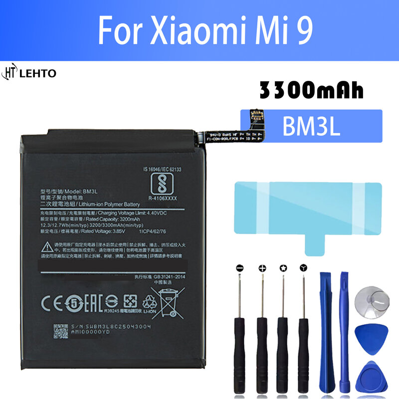 Xiaomi ao mi 9, 100% 純正バッテリー,m9,m9,mi 9,bm3l用の大容量交換バッテリー,ツール付き3300mah