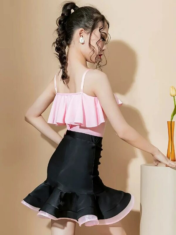 ชุดกระโปรงมีจีบแต่งระบายสำหรับเด็กผู้หญิงชุดเต้นรำละตินชุดฝึกซ้อมชุดซ้อมเต้น