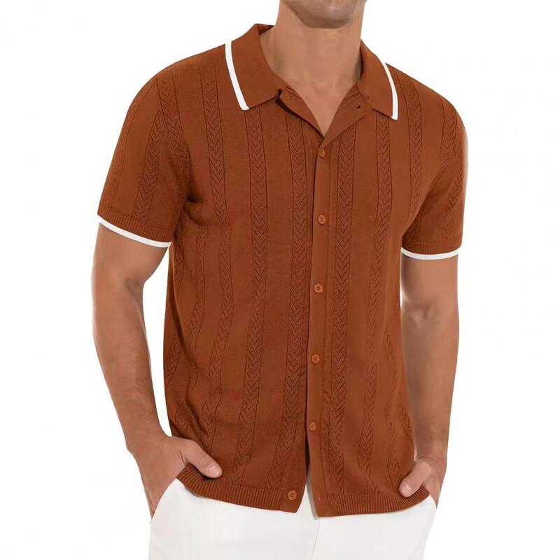 Camisa Vintage de punto para hombre, cárdigan calado de verano con cuello vuelto, manga corta