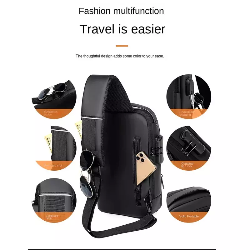 Waterproof Casual Chest Bag Men Multifunction Anti-theft USB Charging Men Crossbody Bag Patent Leather Travel Chest Bag Pack Mal