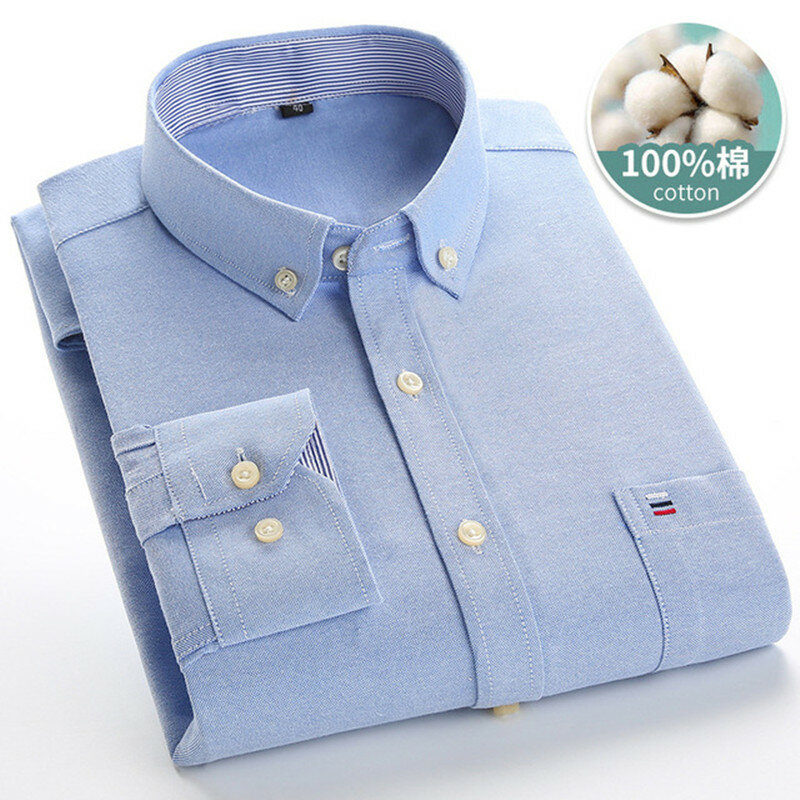 Men's Plaid Shirt 100% Pure Cotton Oxford Long Sleeve Spring Casual Striped Solid Daily Dress Shirts Button-down Collar Big 7XL