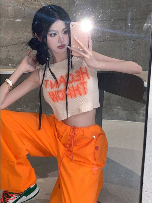 Y2K pantaloni Cargo Streetwear da donna moda coreana pantaloni dritti larghi arancioni Casual Solid tasche a gamba larga pantaloni da jogging