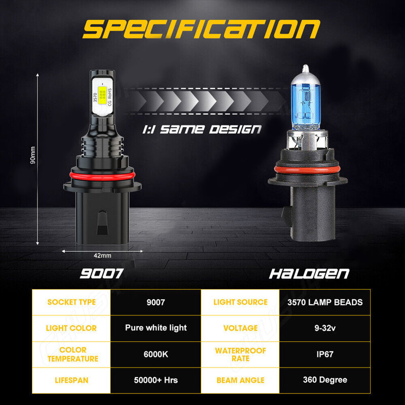 Kit de conversión de bombillas de faro LED, reemplazo de bombillas de luz antiniebla súper blanca, haz Alto y Bajo, 9007 K, HB5 CSP, 6000