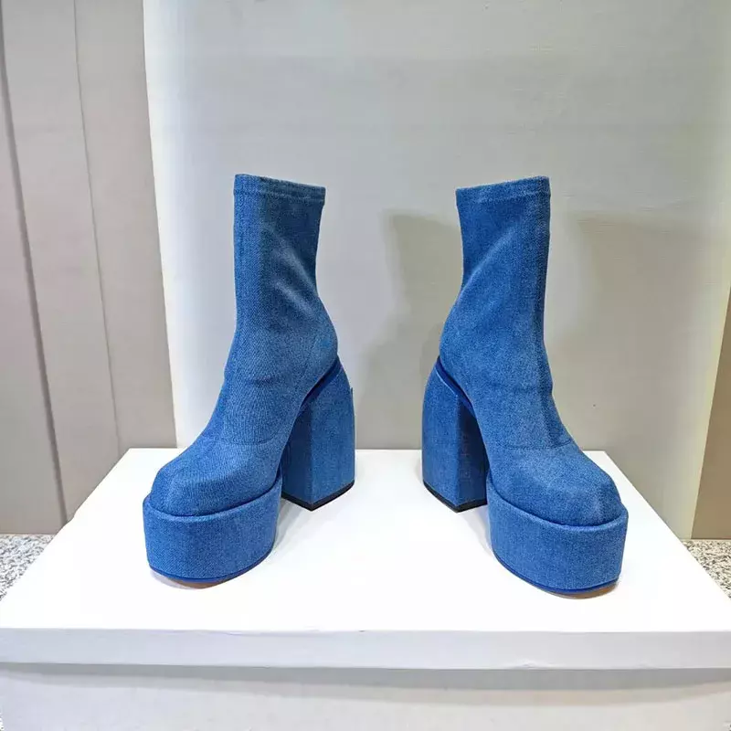 Chunky Knee High Boots para mulheres, plataforma redonda Toe, couro genuíno, vestido de festa, botas de meia panturrilha, moda inverno, tamanho 35-41, recém-chegados
