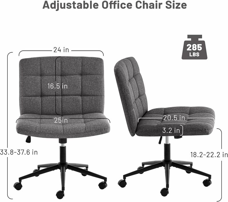 Armless Office Desk Chair, Linen Fabric Padded Swivel Chair, Adjustable Home Office Chair with 360° Wheels, Wide Criss