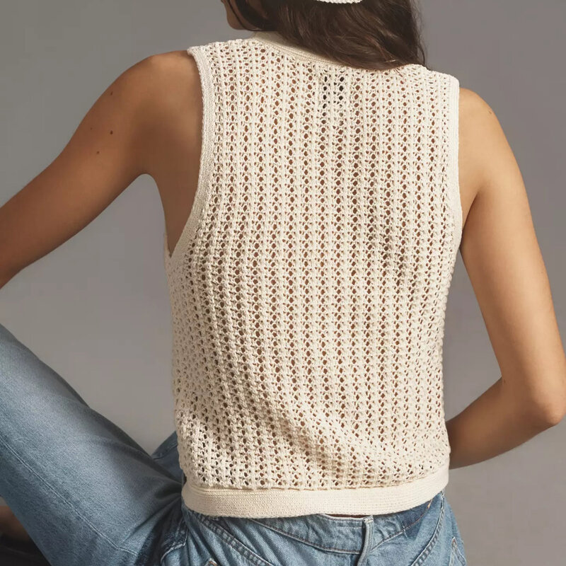 Women Knitted Crop Tops Hollow Eyelet Sleeveless V-Neck Tie Front Vest Single-Breasted Open-Stitch Sweaters Camisoles