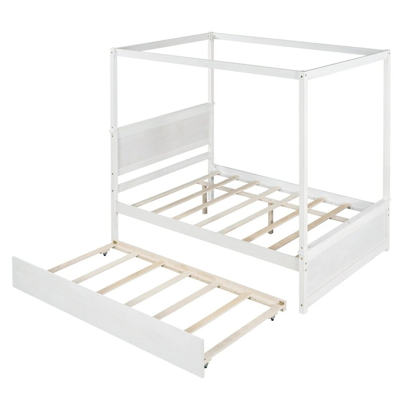 Wood Canopy Bed with Trundle Bed ,Full Size Canopy Platform bed With Support Slats .No Box Spring Needed, Brushed White