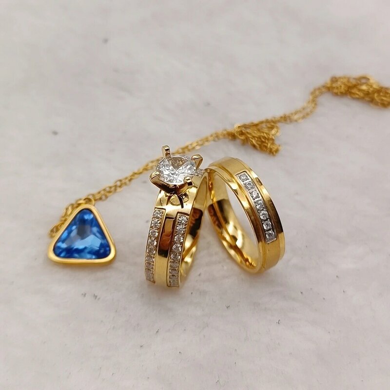 Conjunto de anillos de compromiso de boda para mujer, joyería chapada en oro de 24k, colgante de acero inoxidable, venta al por mayor