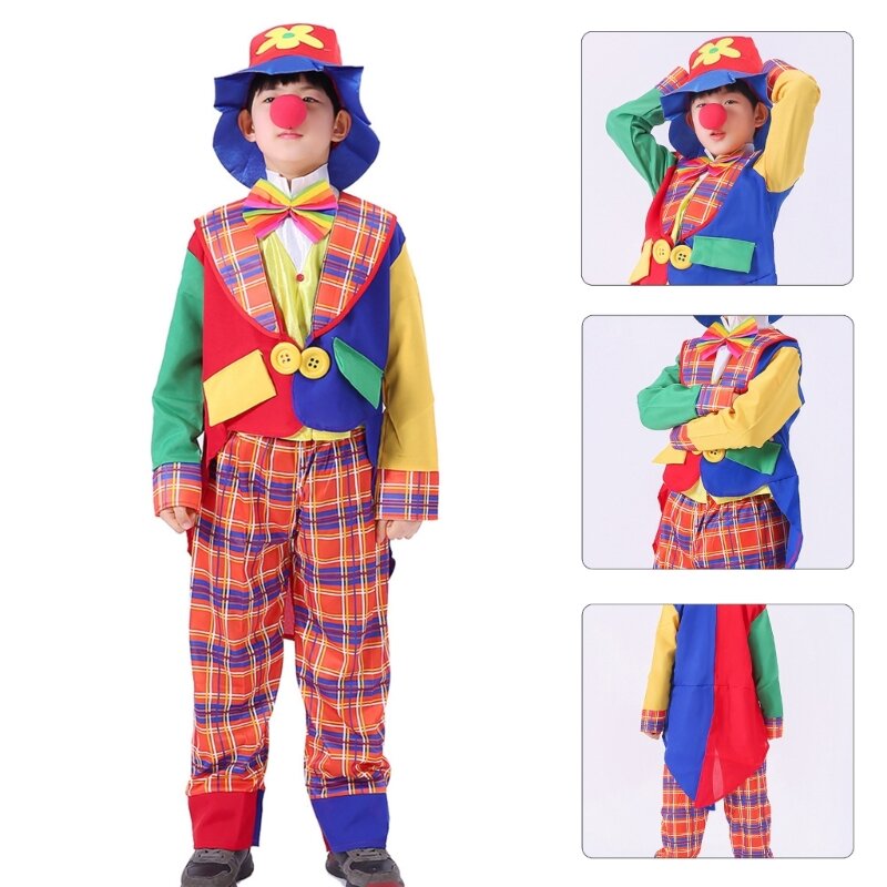 2023 Neues Kinder-Clown-Cosplay-Kostüm, einschließlich Mantel, Hemd, Hose, Clown-Hut, Clown-Krawatte für Halloween, Cosplay,