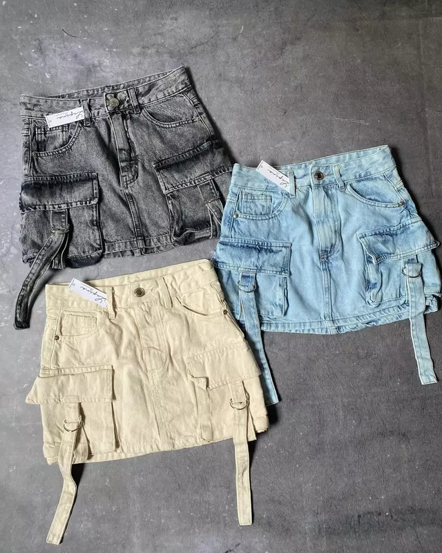 Женская джинсовая мини-юбка в стиле Харадзюку, однотонная трапециевидная мини-юбка с несколькими карманами, модная повседневная универсальная уличная одежда для девушек, 2024